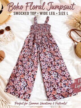 Floral Wide Leg Jumpsuit Smocked Top Boho Womens L